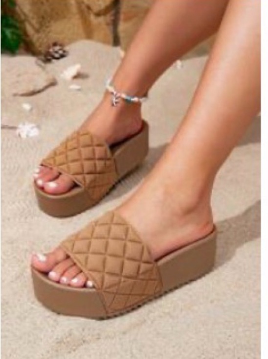 Shoes - Quilted Platform Slide Sandals in Tan